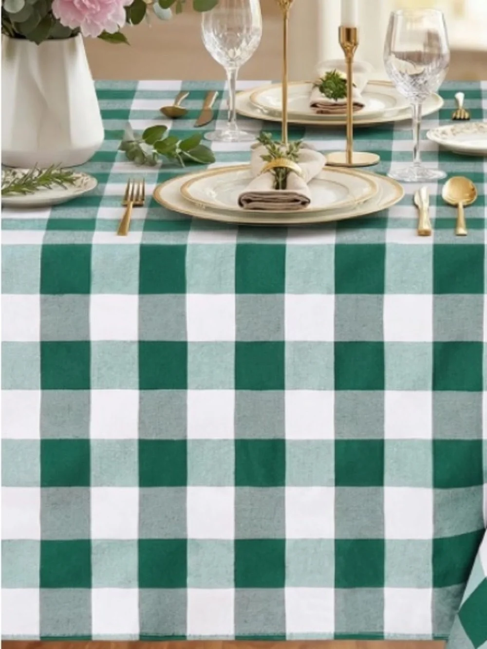 Checkered Tablecloth Washable Polyester Rectangular 60x84” GREEN & WHITE